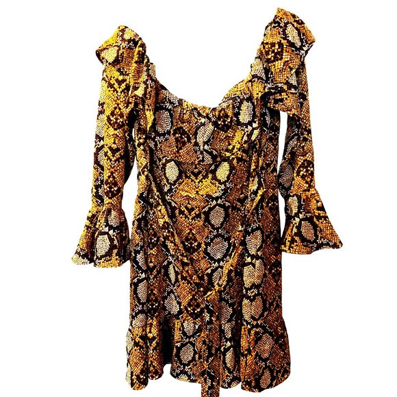 Boohoo Snakeskin Print Ruffle Mini Dress Long Sleeve Bold Party Fashion Look - Picture 6 of 15